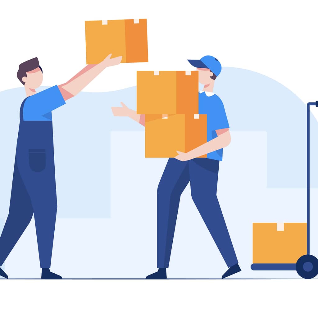 Warehouse staff wearing uniform Loading parcel box and checking