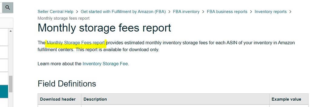 Amazon Storage Fees Report Page
