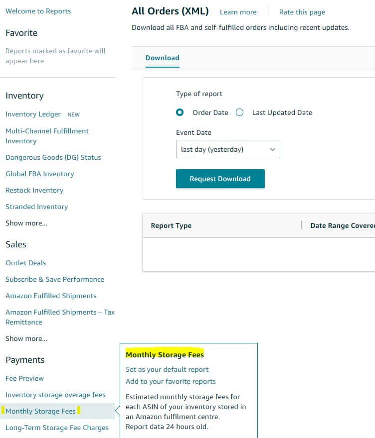 FBA Storage Fees Report Page